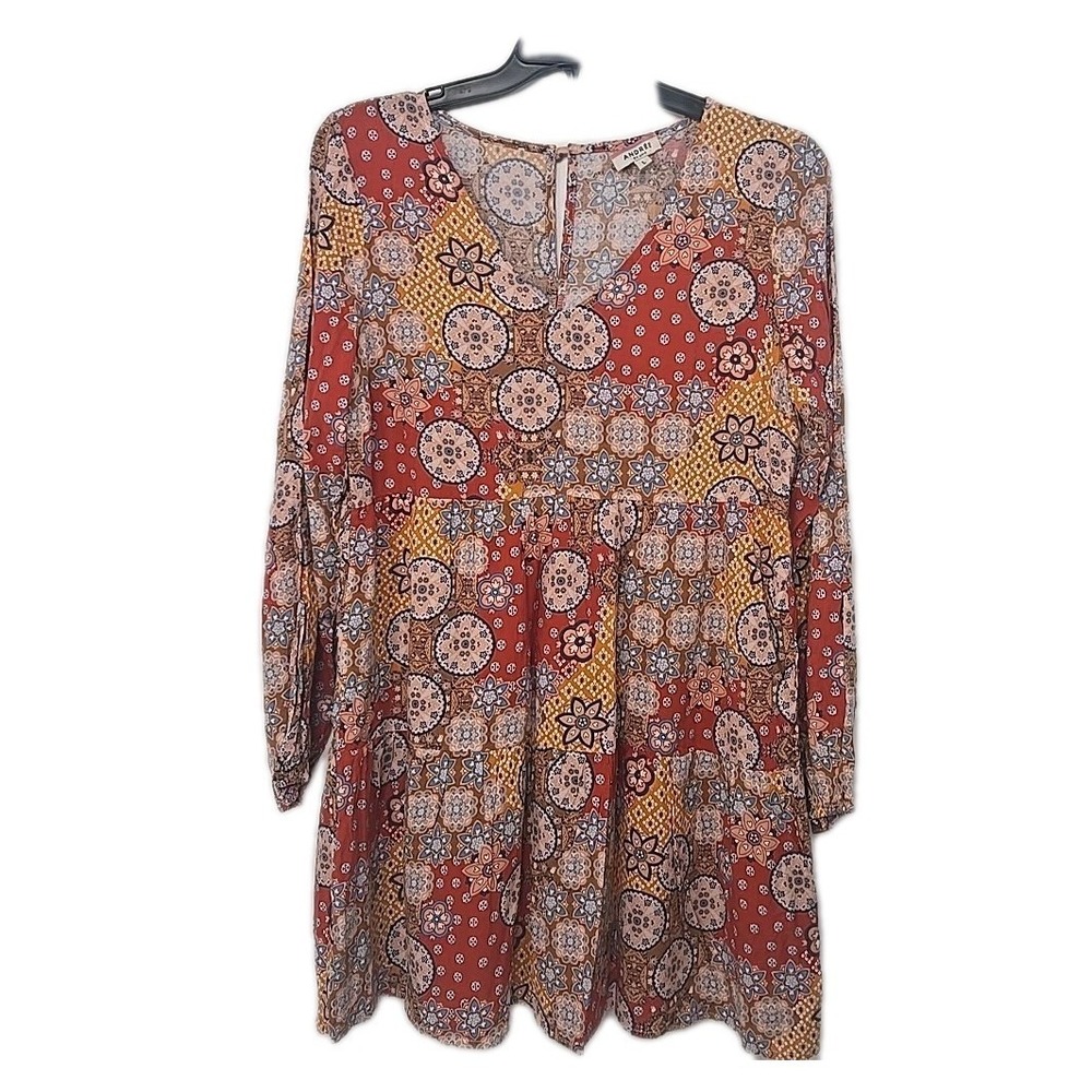 Andree By Unit Earth's Tone Floral Paisley Rayon Long Sleeve V Neck Mini Dress L